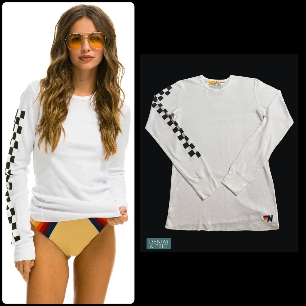 Aviator Nation Check Sleeve Thermal White Waffle Knit Long Sleeve Top Medium